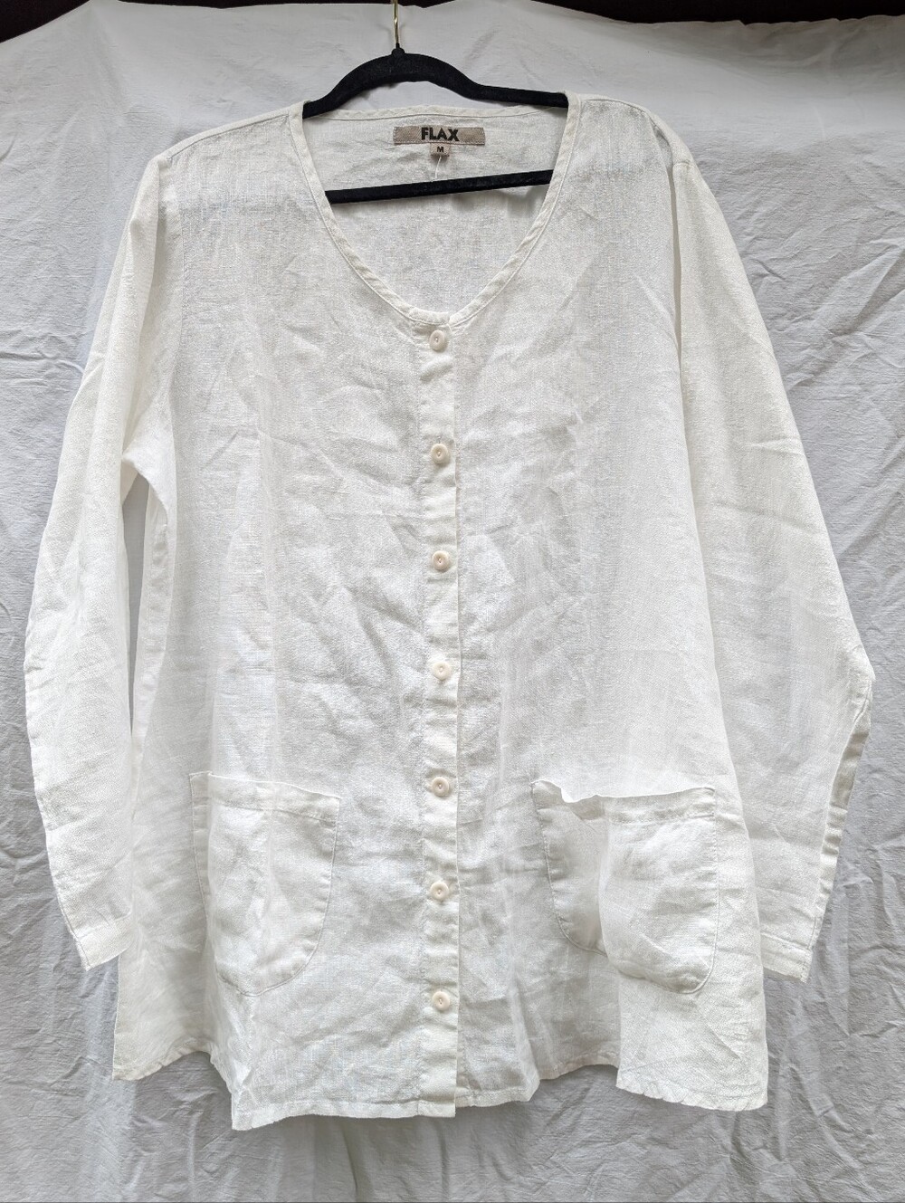 Flax Linen Button Down Top Cardigan w Pockets White Sz M